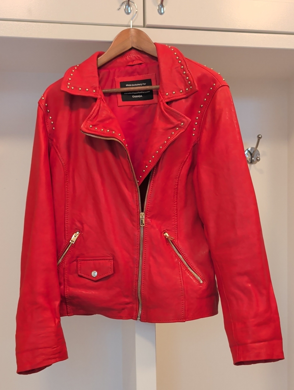 Red Studded Leather Moto Jacket by Boutique Of Leathers